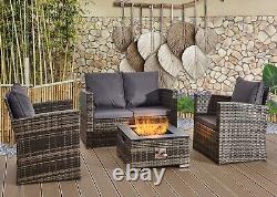 Fire Pit Rattan Garden Sofa Set Furniture With Table 2 Arm Chair Set & 2 Seater