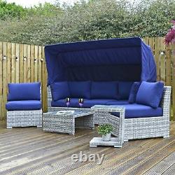 Garden Day Bed Grey Rattan Sofa 3 Seater 2 Chairs Table Sun Shade Furniture