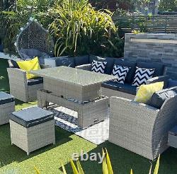 Garden Furniture Set Rattan with Rising Table Sofa Armchairs Stools Cushions Inc