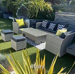 Garden Furniture Set Rattan with Rising Table Sofa Armchairs Stools Cushions Inc