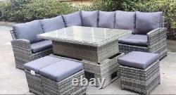 Garden Grey Rattan Furniture Corner Sofa Dinning Set Rising Table 3 x Stool