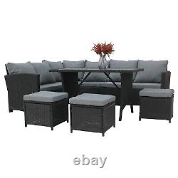 Garden Rattan Furniture Set 9 Seater Lounger Sofa Footstool Glass Table Black