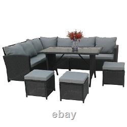Garden Rattan Furniture Set 9 Seater Lounger Sofa Footstool Glass Table Black