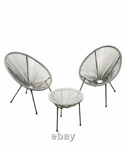 Garden String Furniture Bistro Set 3PC Chairs Glass Top Table Patio Light Grey