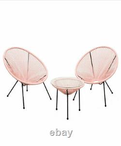 Garden String Furniture Bistro Set 3PC Chairs Glass Top Table Patio Pink