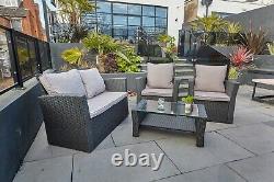 Garden conservatory furniture 4 seater black rattan sofa set & coffee table
