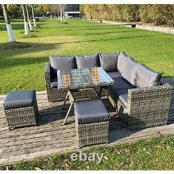 Garden outdoor furniture grey rattan 7 seat corner sofa dining set with stools