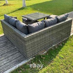 Garden outdoor furniture grey rattan 7 seat corner sofa dining set with stools
