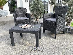 Grey Bistro Set Garden Furniture 3 Pc Patio Outdoor Table Armchairs Poly Rattan