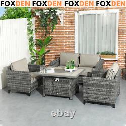 Grey Garden Rattan Sofa Furniture Set Patio Outdoor Gas Fire Pit Table Cushions