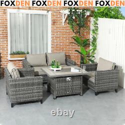 Grey Garden Rattan Sofa Furniture Set Patio Outdoor Gas Fire Pit Table Cushions