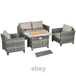 Grey Garden Rattan Sofa Furniture Set Patio Outdoor Gas Fire Pit Table Cushions