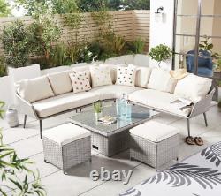 Grey Rattan Corner Garden Sofa, Table & Two Stools Outdoor Furniture Dining Set