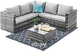 Grey Rattan Corner Sofa 5Seat Garden Furniture Light Grey Cushion & Coffee Table