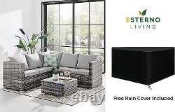 Grey Rattan Corner Sofa 5Seat Garden Furniture Light Grey Cushion & Coffee Table