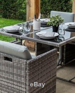 Grey Rattan Cube Glass Topped Dining 4 Seat Garden Furniture Set Cushions