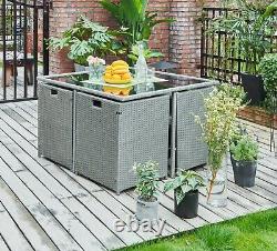 Grey Rattan Cube Set Garden Furniture Set Outdoor Dining Sofa Set Table & Stool