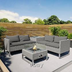 Grey Rattan Garden Corner Sofa Set 4 Seater with Storage and Fire Pit Table