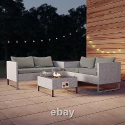 Grey Rattan Garden Corner Sofa Set 4 Seater with Storage and Fire Pit Table