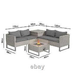 Grey Rattan Garden Corner Sofa Set 4 Seater with Storage and Fire Pit Table