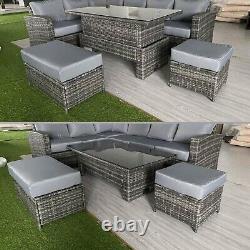 Grey Rattan Garden Furniture 9 Seater Sofa with Rising Table Set Large Family