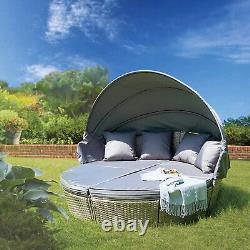 Grey Rattan Outdoor Day Bed Sofa Bed Round Garden Daybed Furniture Lounge Set