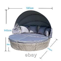 Grey Rattan Outdoor Day Bed Sofa Bed Round Garden Daybed Furniture Lounge Set