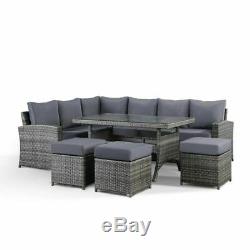 Jasmina Grey Garden Furniture Corner Sofa, Dining Table, 3 Stools and Cover Set