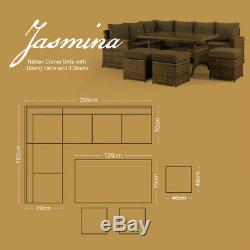 Jasmina Grey Garden Furniture Rattan Corner Sofa with Dining Table and 3 Stools