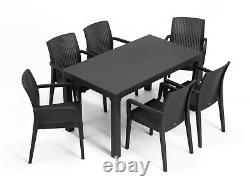 Large Stackable Grey Rattan Garden Table & 6 Chairs Set Outdoor/indoor Furnitur