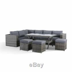 Layla Grey Rattan Garden Furniture Corner Sofa with Dining Table and 3 Stools