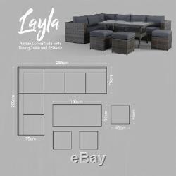 Layla Grey Rattan Garden Furniture Corner Sofa with Dining Table and 3 Stools