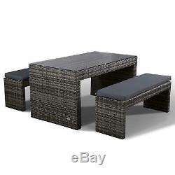 Le Picnic Set Rattan Grey Dining Table with 2 Benches Garden Furniture