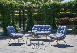 Modern Rattan Outdoor Garden Furniture Lounge Sofa with Glass Table Grey Blue