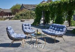 Modern Rattan Outdoor Garden Furniture Lounge Sofa with Glass Table Grey Blue