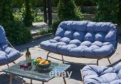 Modern Rattan Outdoor Garden Furniture Lounge Sofa with Glass Table Grey Blue