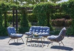 Modern Rattan Outdoor Garden Furniture Lounge Sofa with Glass Table Grey Blue