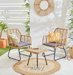 Neo Garden Furniture Wicker Bamboo Style Cane Chair Table Rattan Cushion 3 Piece