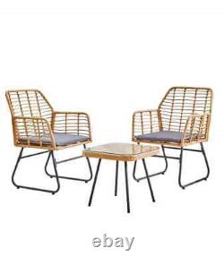 Neo Garden Furniture Wicker Bamboo Style Cane Chair Table Rattan Cushion 3 Piece