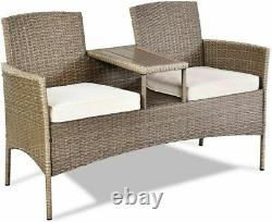 Outdoor Garden Furniture 2-Seater Rattan Chair Middle Tea Table Padded Cushions