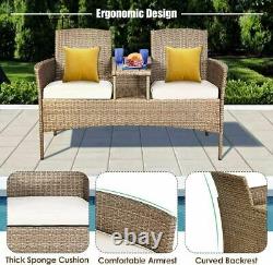 Outdoor Garden Furniture 2-Seater Rattan Chair Middle Tea Table Padded Cushions