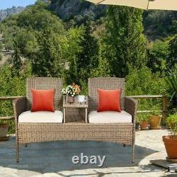 Outdoor Garden Furniture 2-Seater Rattan Chair Middle Tea Table Padded Cushions