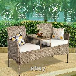 Outdoor Garden Furniture 2-Seater Rattan Chair Middle Tea Table Padded Cushions