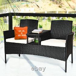 Outdoor Garden Furniture 2-Seater Rattan Chair Middle Tea Table Padded Cushions