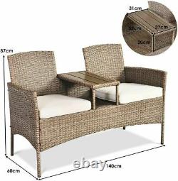 Outdoor Garden Furniture 2-Seater Rattan Chair Middle Tea Table Padded Cushions