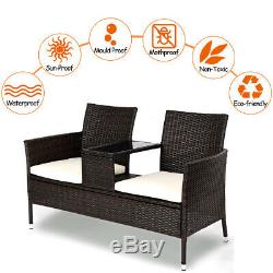 Outdoor Garden Furniture 2-Seater Rattan Chair Middle Tea Table Padded Cushions