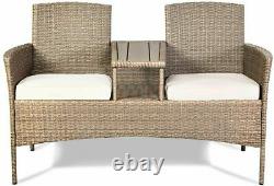 Outdoor Garden Furniture 2-Seater Rattan Chair Middle Tea Table Padded Cushions