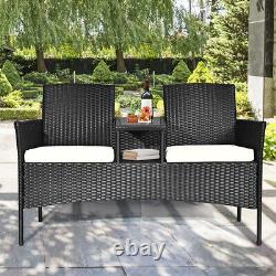 Outdoor Garden Furniture 2-Seater Rattan Chair Middle Tea Table Padded Cushions