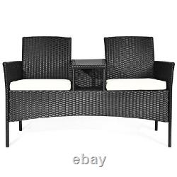 Outdoor Garden Furniture 2-Seater Rattan Chair Middle Tea Table Padded Cushions