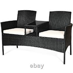 Outdoor Garden Furniture 2-Seater Rattan Chair Middle Tea Table Padded Cushions